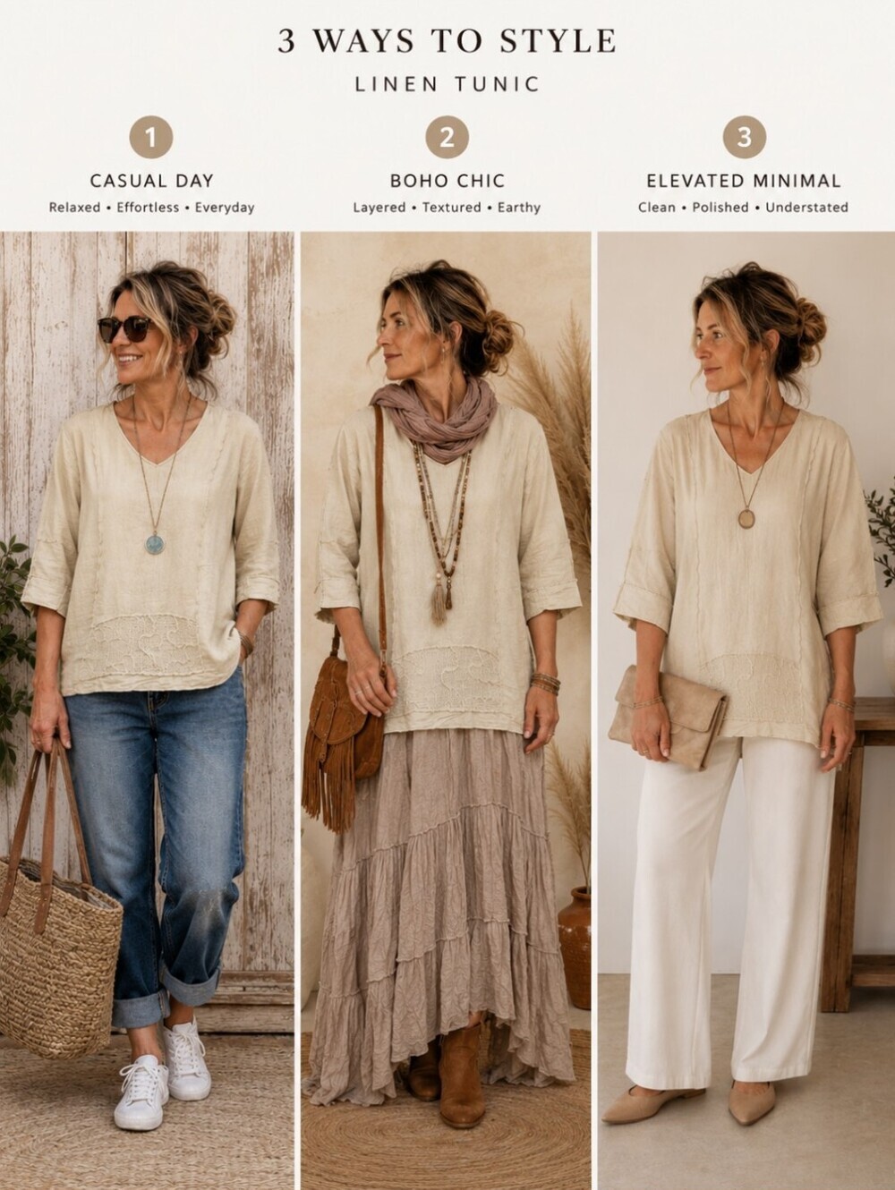 Multiples Linen Tan 3/4 Sleeve  Boxy Tunic With Decorative Panels Small